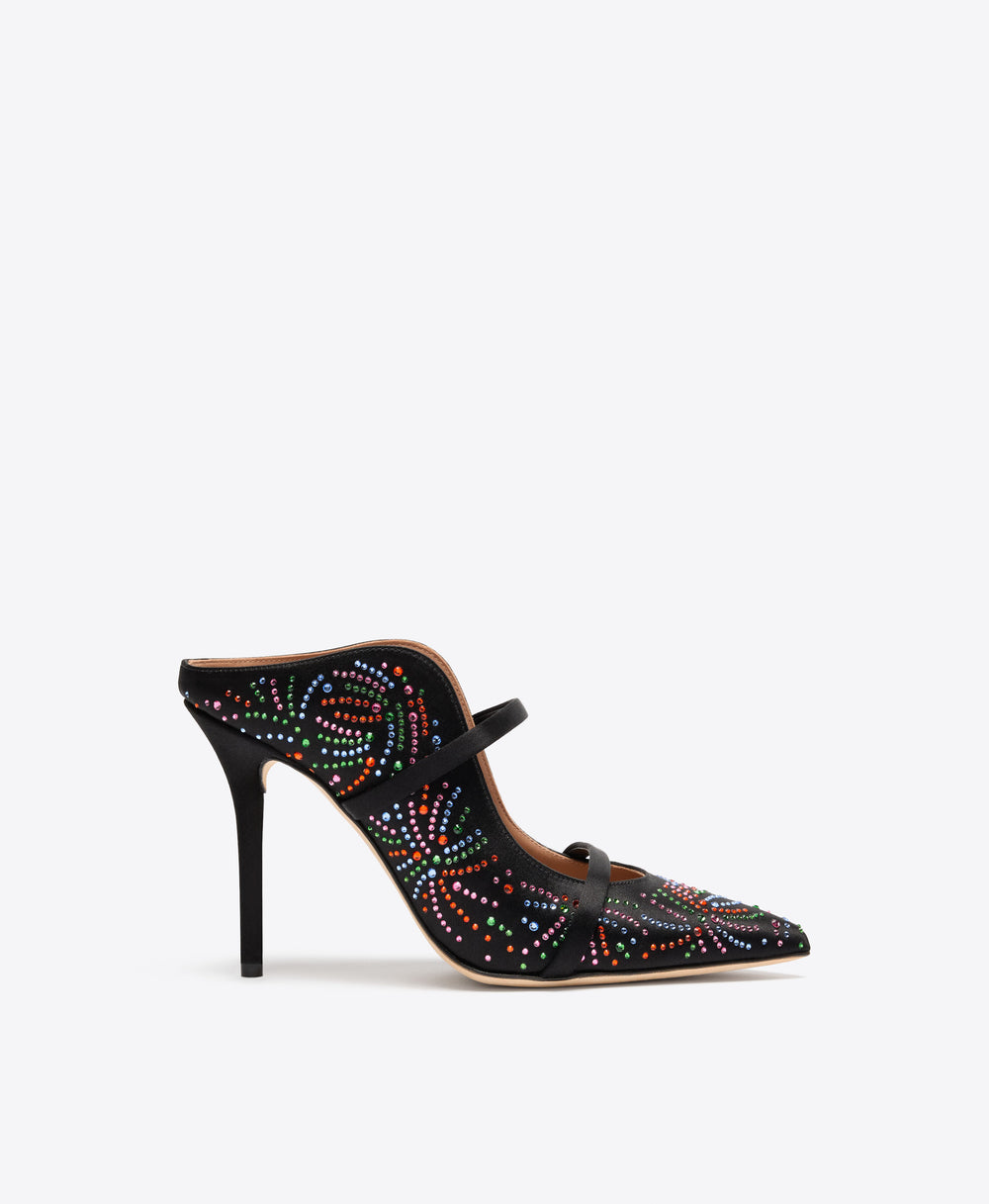 Maureen 100 Black Multicolour Crystal-Embellished Satin Heeled Mules Malone Souliers