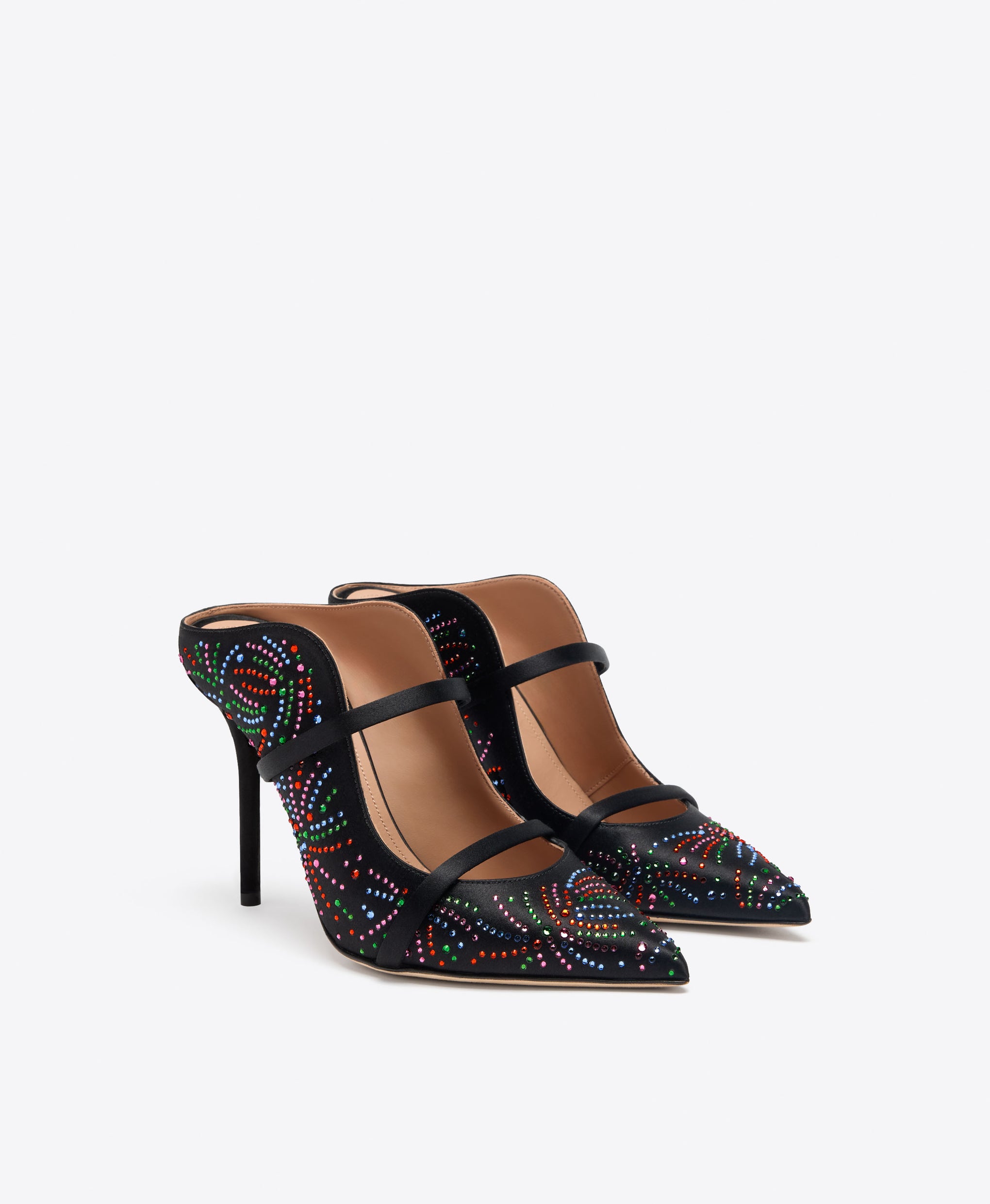 Maureen 100 Black Multicolour Crystal-Embellished Satin Heeled Mules Malone Souliers