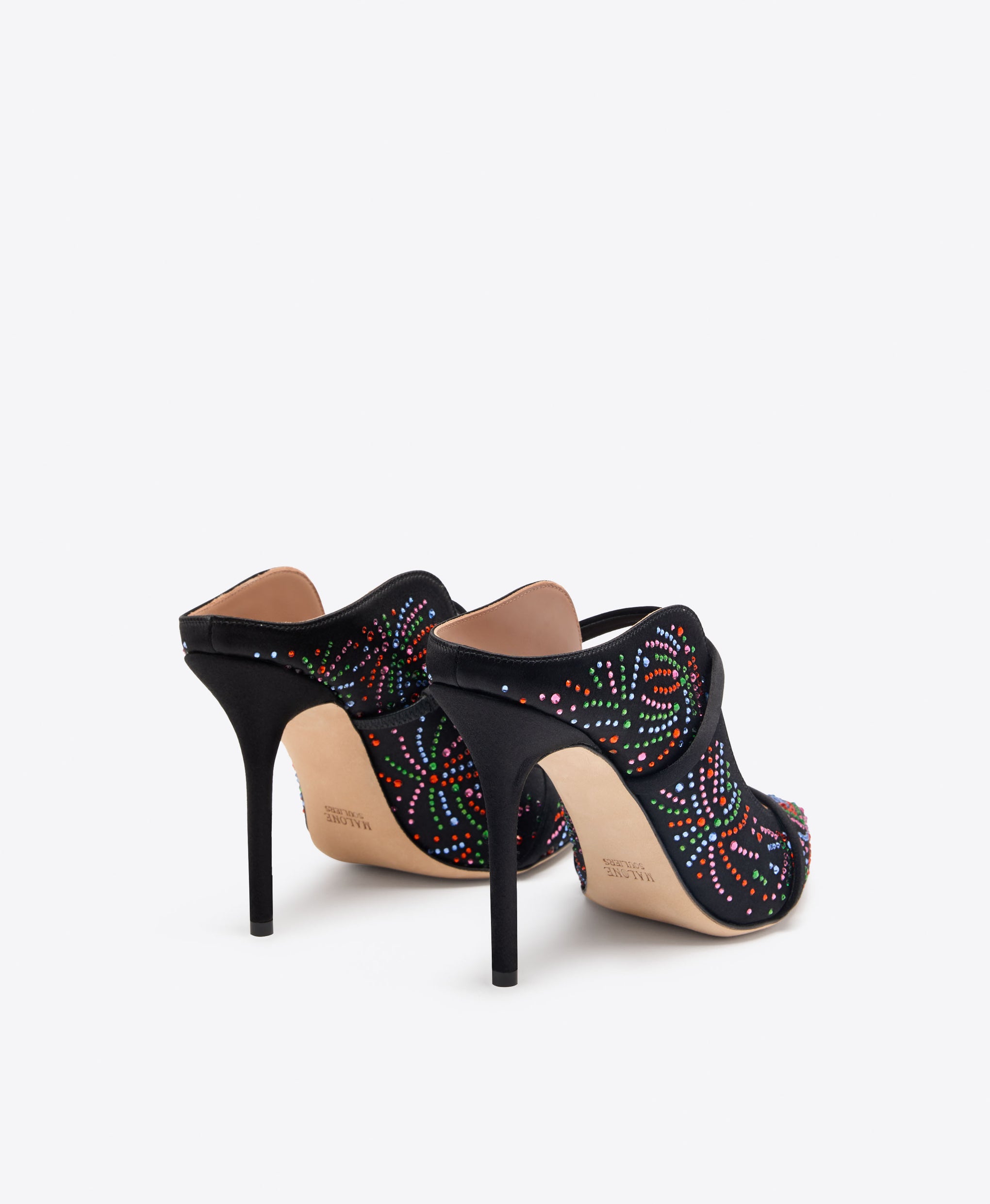 Maureen 100 Black Multicolour Crystal-Embellished Satin Heeled Mules Malone Souliers