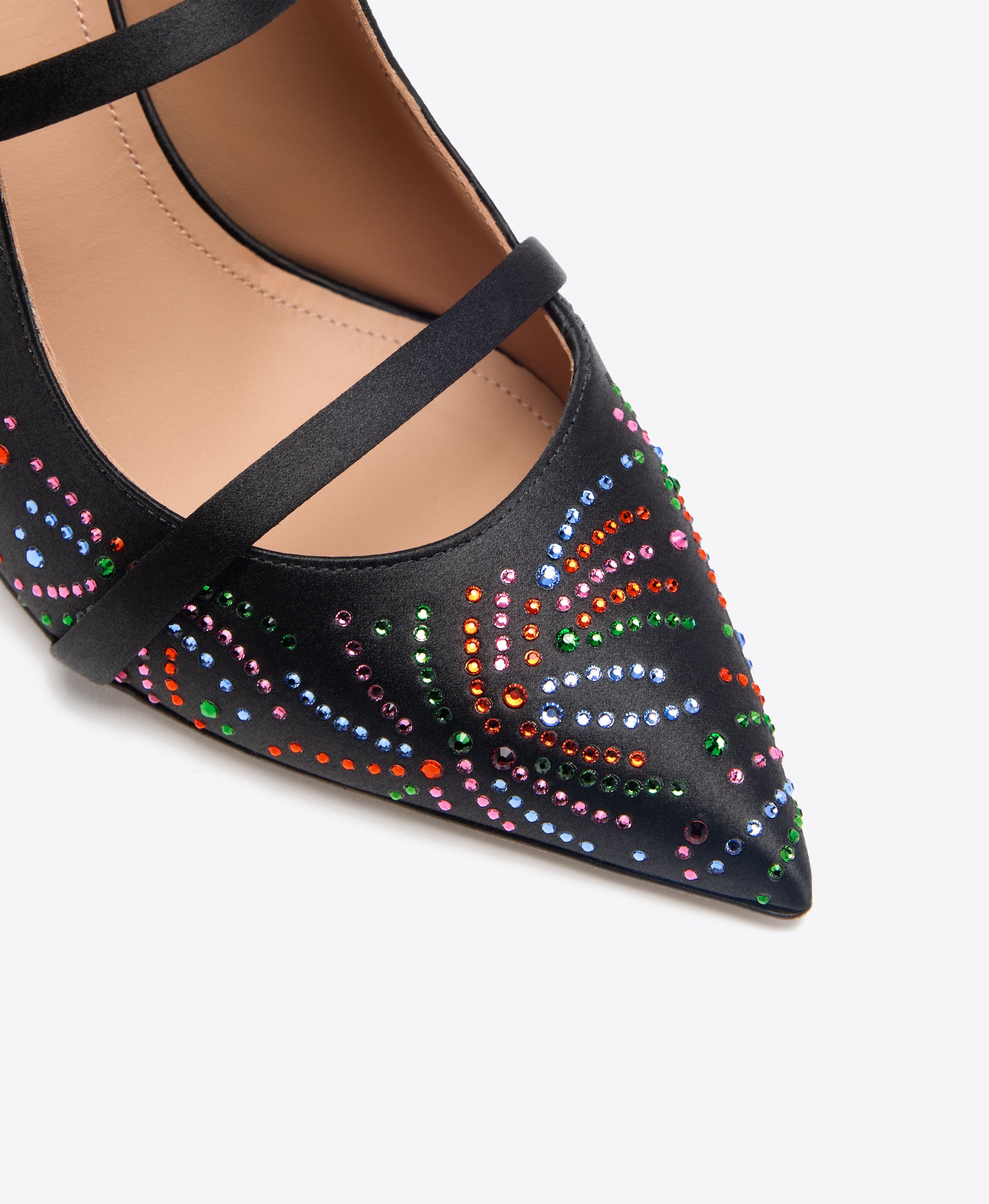 Maureen 100 Black Multicolour Crystal-Embellished Satin Heeled Mules Malone Souliers