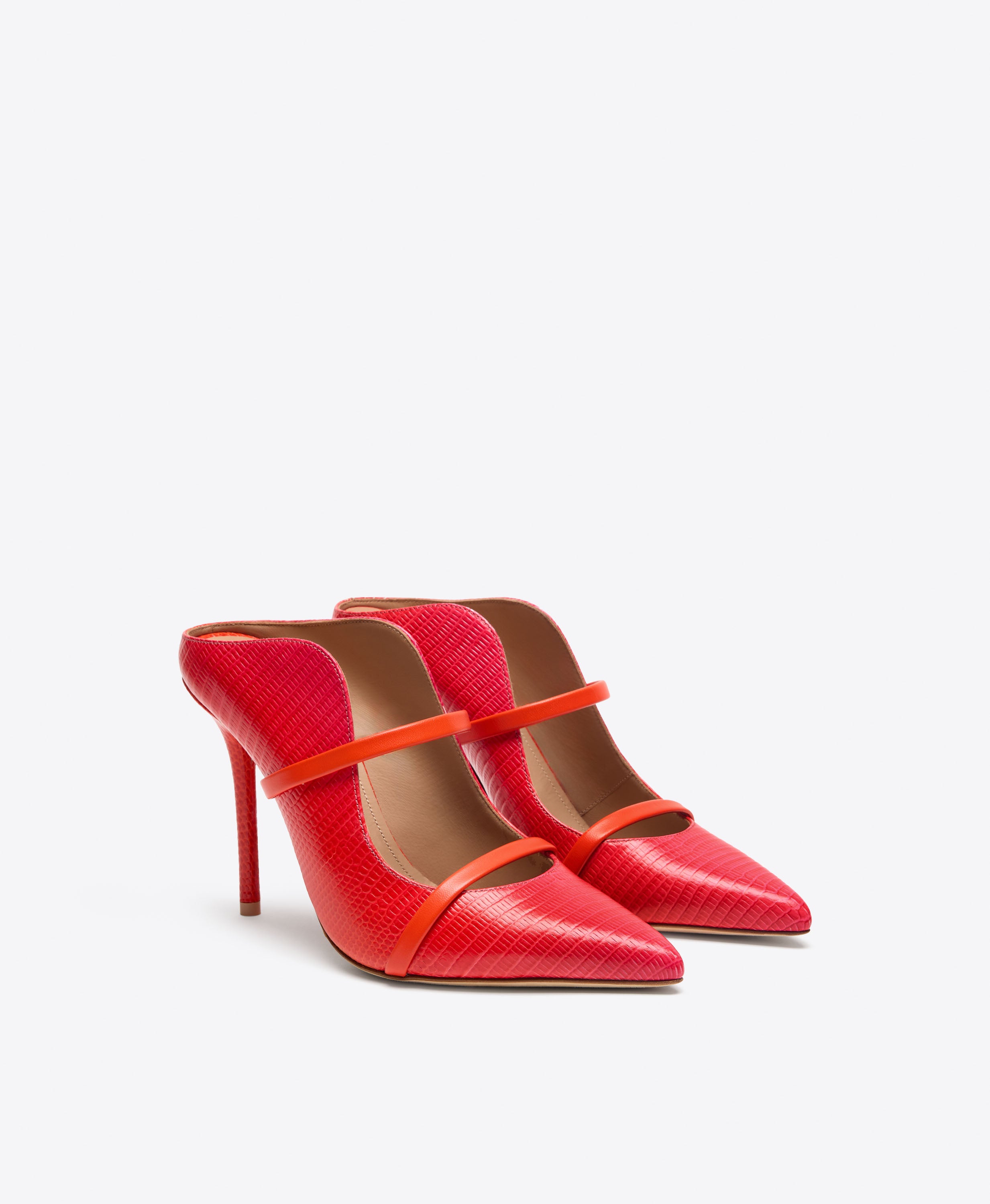 Maureen 100 Orange Embossed Leather Heeled Mules | Malone Souliers
