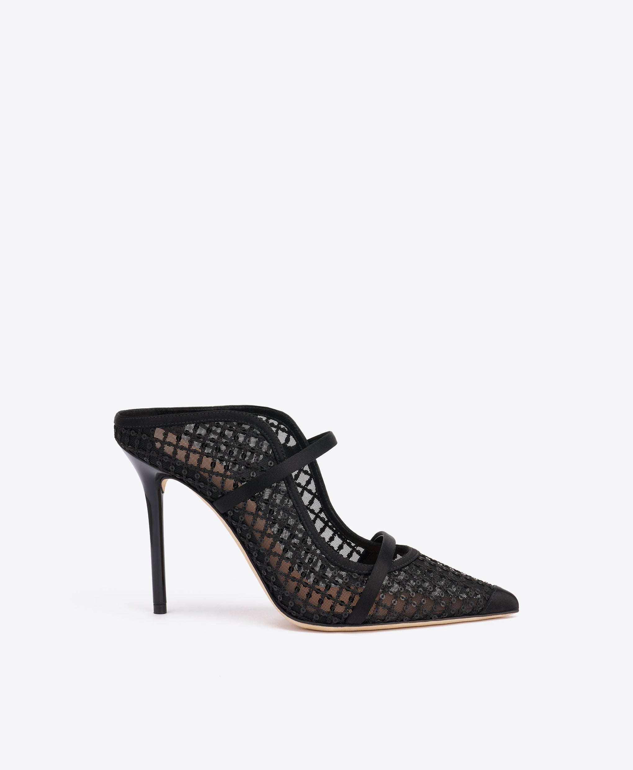 Maureen 100 Black Sequin Mesh Stiletto Mules Malone Souliers