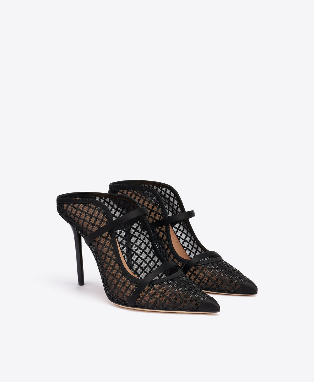 Maureen 100 Black Sequin Mesh Stiletto Mules Malone Souliers
