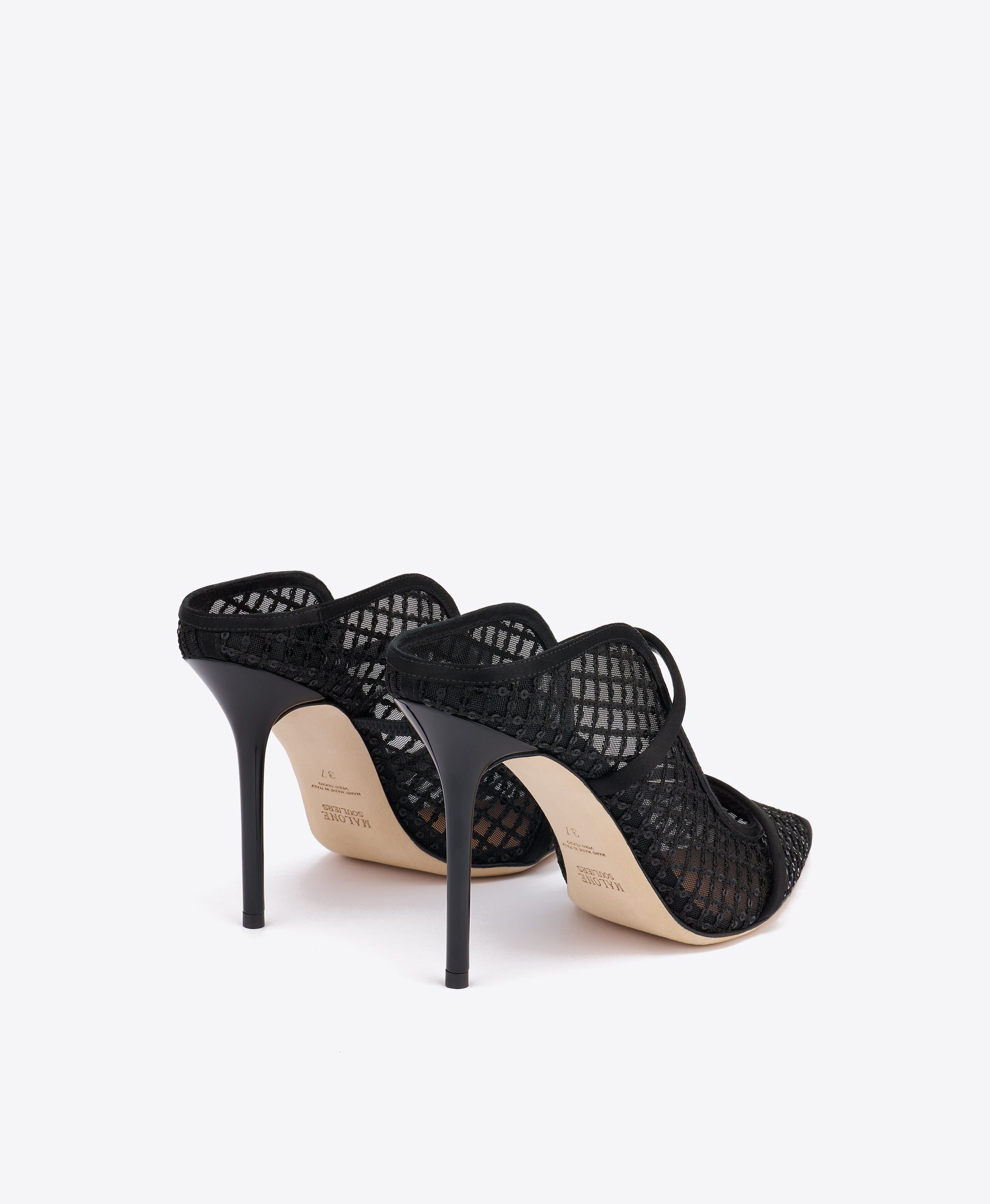 Maureen 100 Black Sequin Mesh Stiletto Mules Malone Souliers
