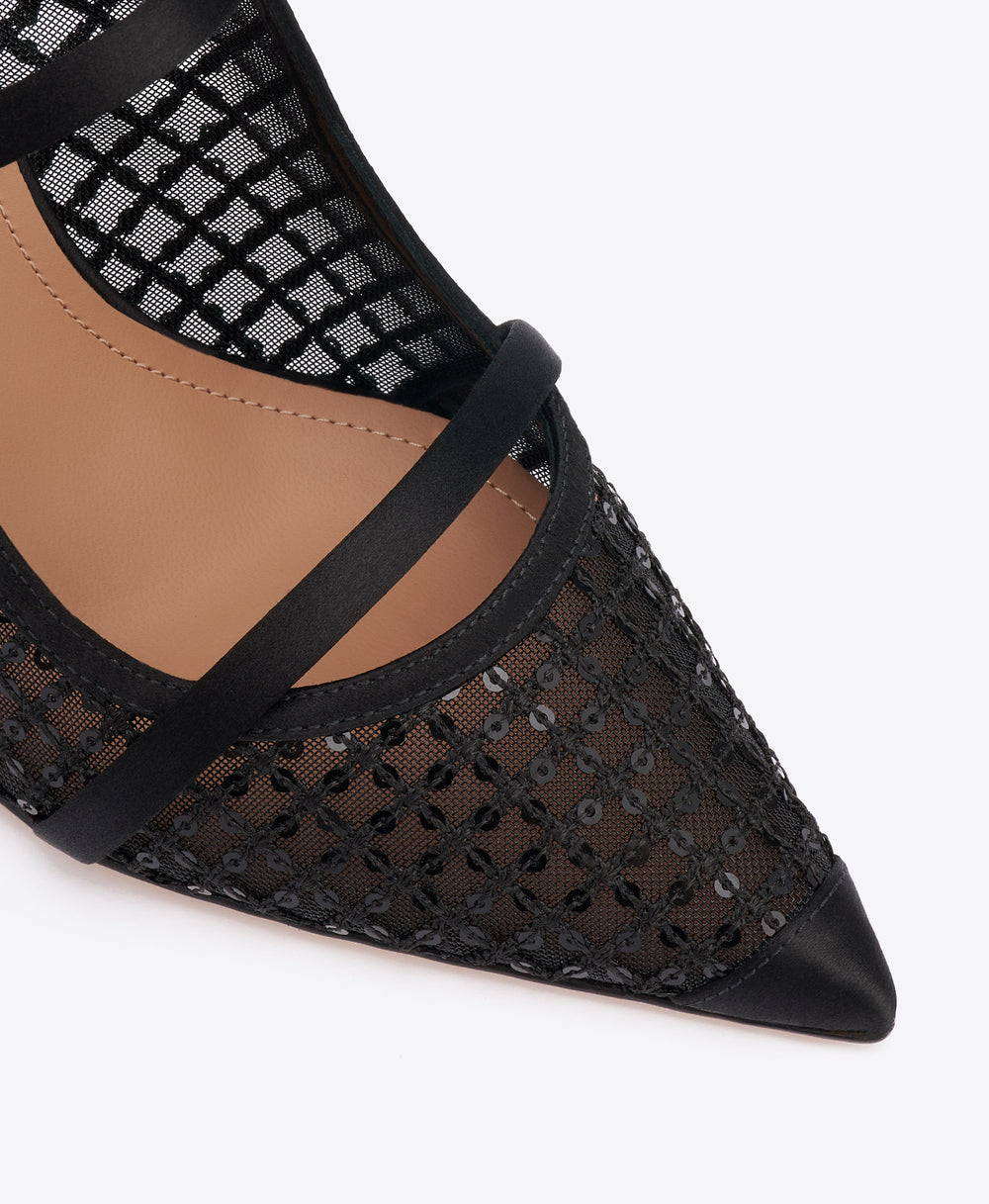 Maureen 100 Black Sequin Mesh Stiletto Mules Malone Souliers