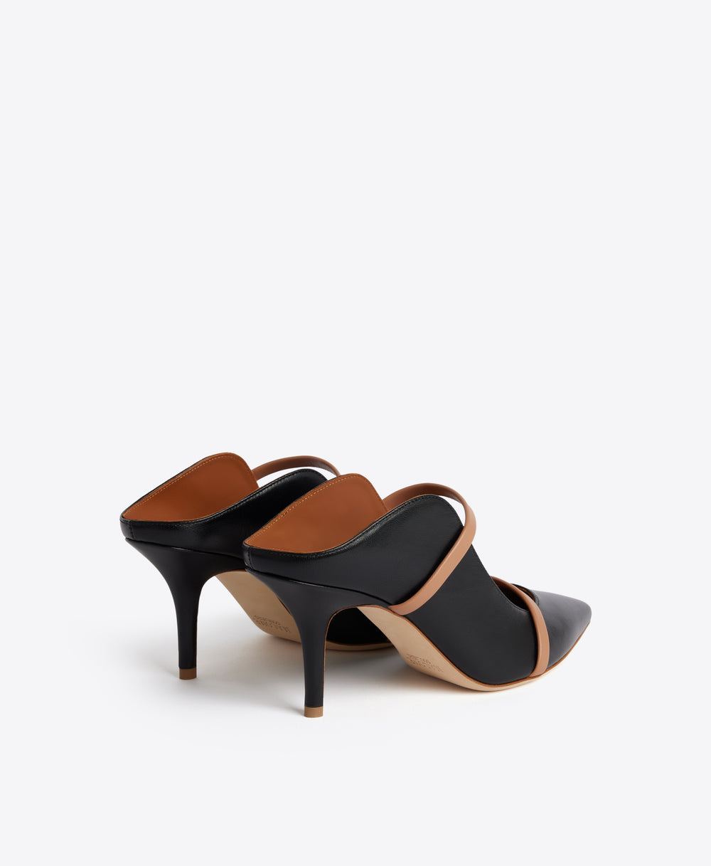 Women's Black & Nude Leather Designer Pointed Toe Mules with Heel Malone Souliers