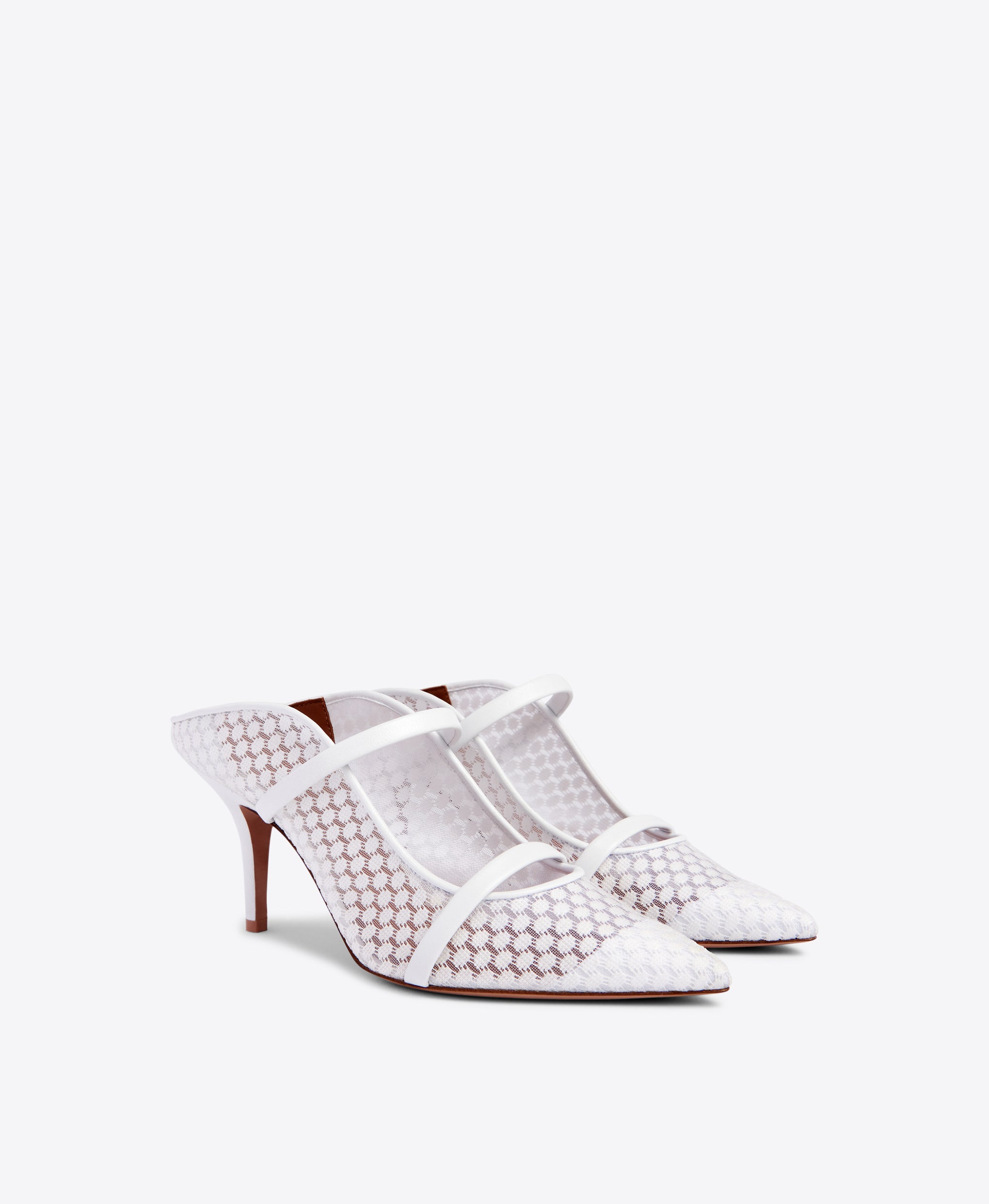 Malone Souliers Maureen 70mm White Lace Mesh Heeled Mules