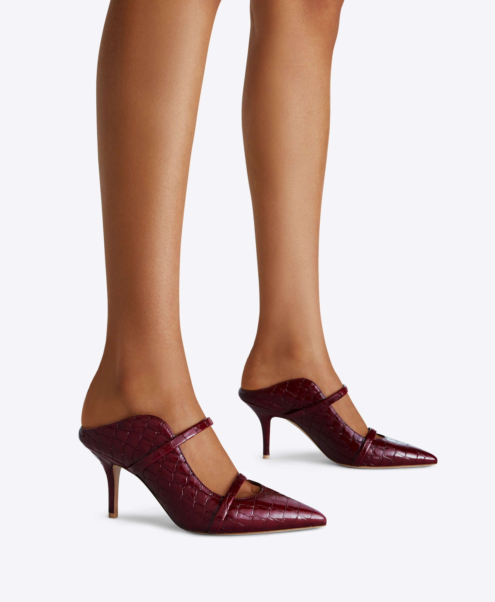 Pointed Toe Stiletto Mules in Burgundy Embossed Patent - Double Straps | Malone Souliers