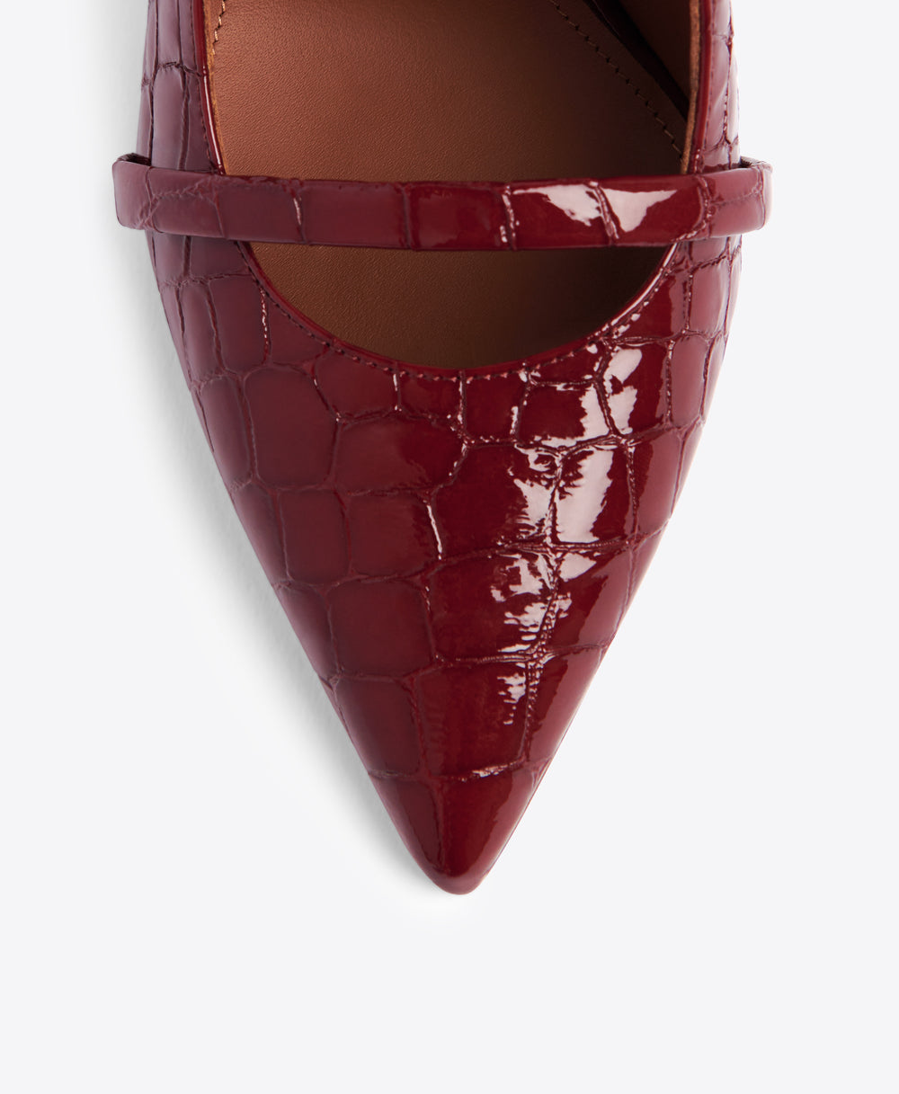 Pointed Toe Stiletto Mules in Burgundy Embossed Patent - Double Straps | Malone Souliers