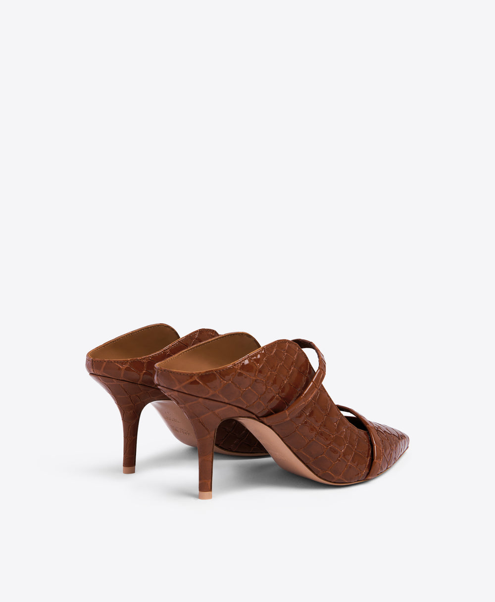 Double Strap Brown Embossed Patent Stiletto Mules - Pointed Toe | Malone Souliers