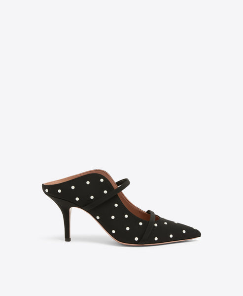 Maureen 70 Pearl Embellished Black Heeled Mules | Malone