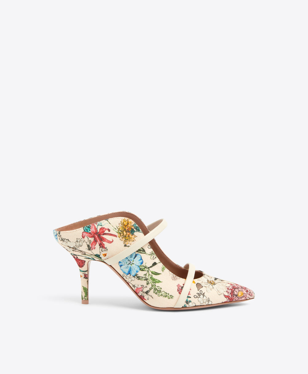 Maureen 70 Floral Cream Canvas Heeled Mules Malone Souliers