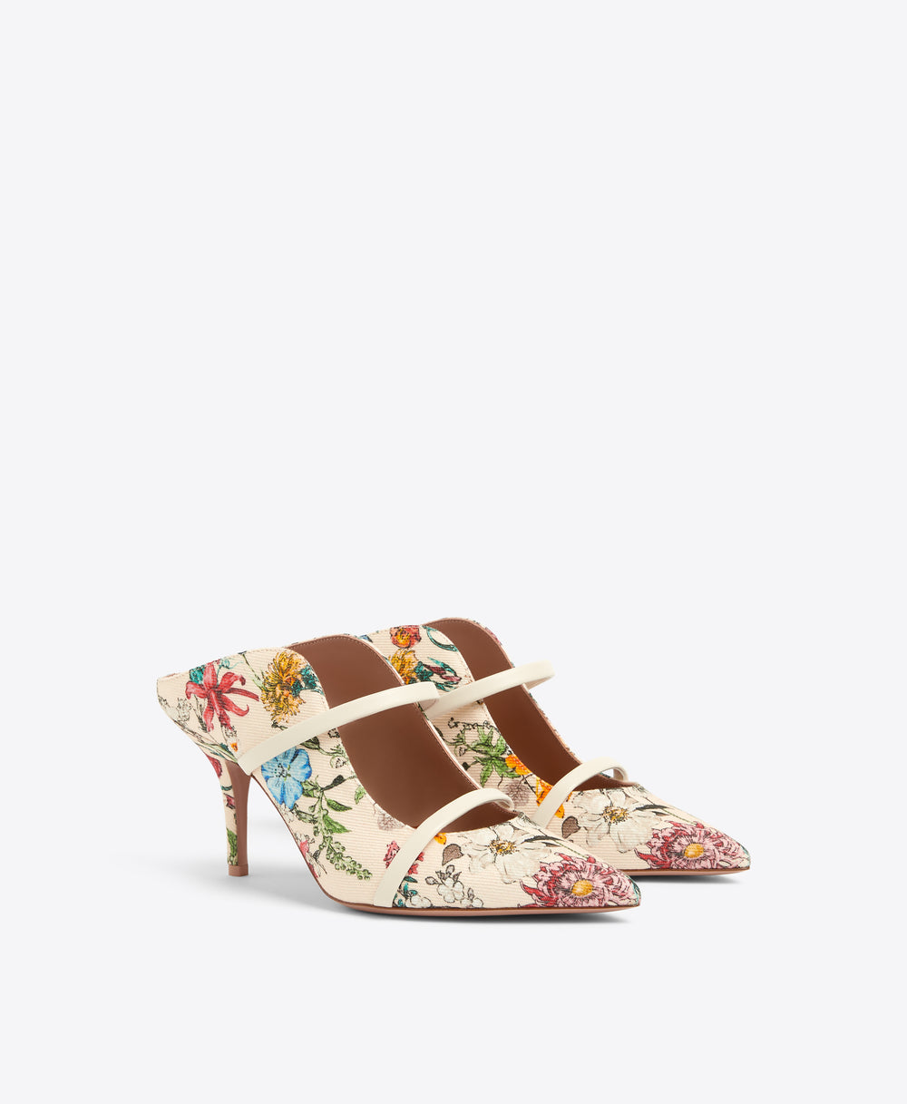 Maureen 70 Floral Cream Canvas Heeled Mules Malone Souliers