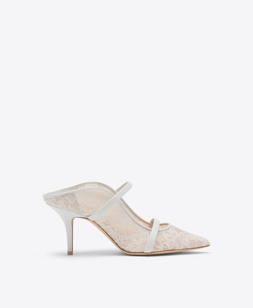 Malone Souliers|Maureen 70 White Lace Heeled Mules