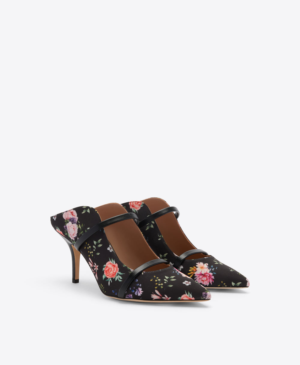 Maureen 70 Black Floral Grosgrain Heeled Mules Malone Souliers