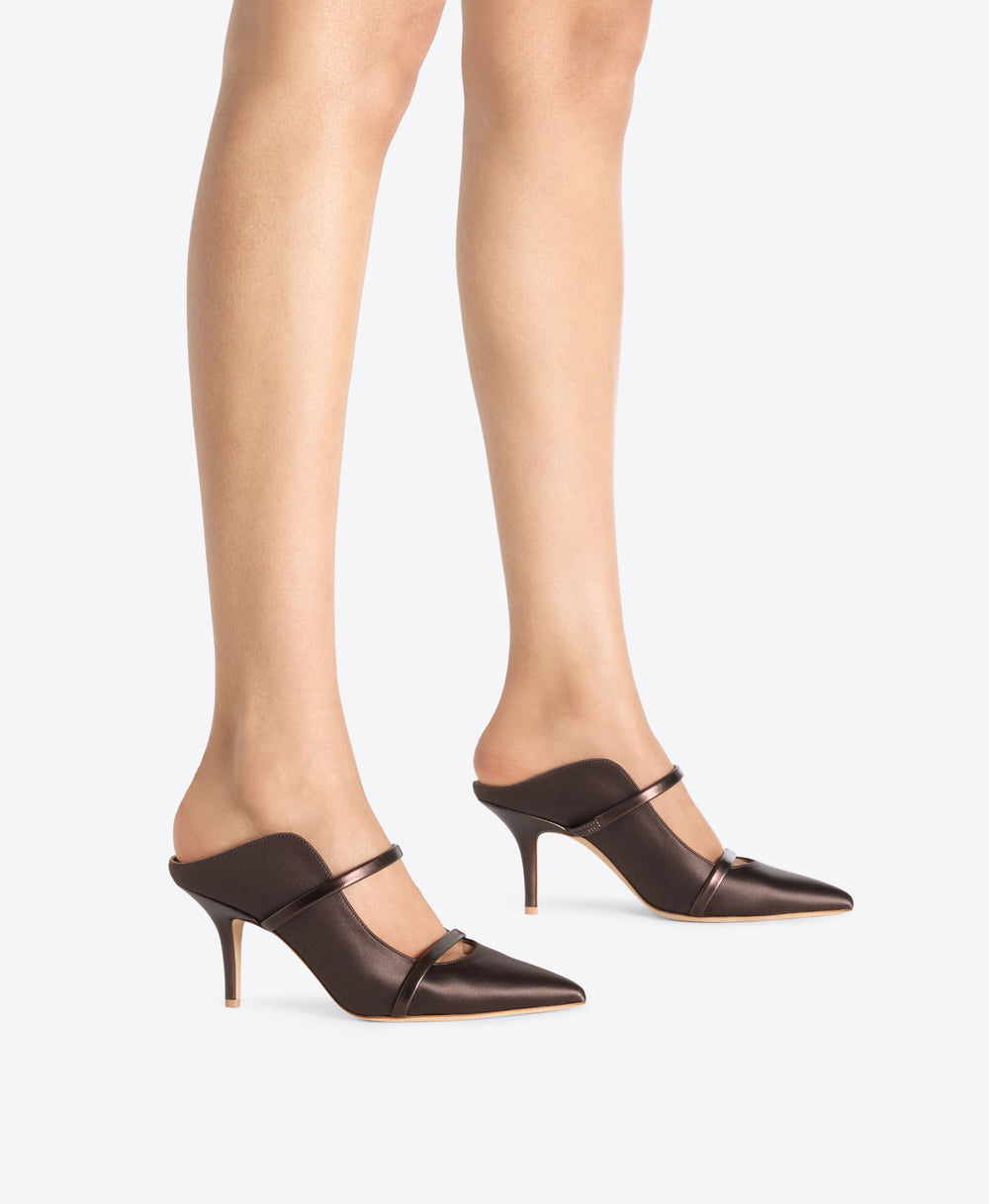 Maureen 70 Dark Brown Satin Heeled Mules Malone Souliers