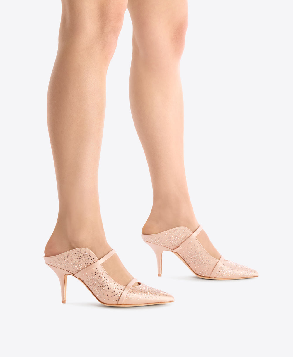 Maureen 70 Champagne Crystal-Embellished Satin  Mules Malone Souliers