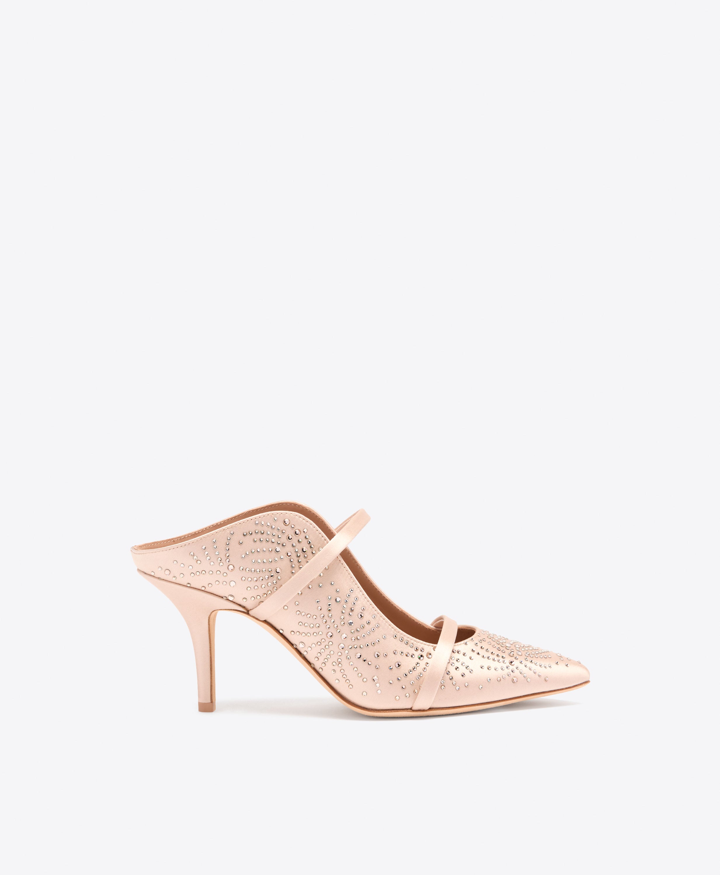 Maureen 70 Pink Satin Crystal Embellished Heeled Mules | Malone