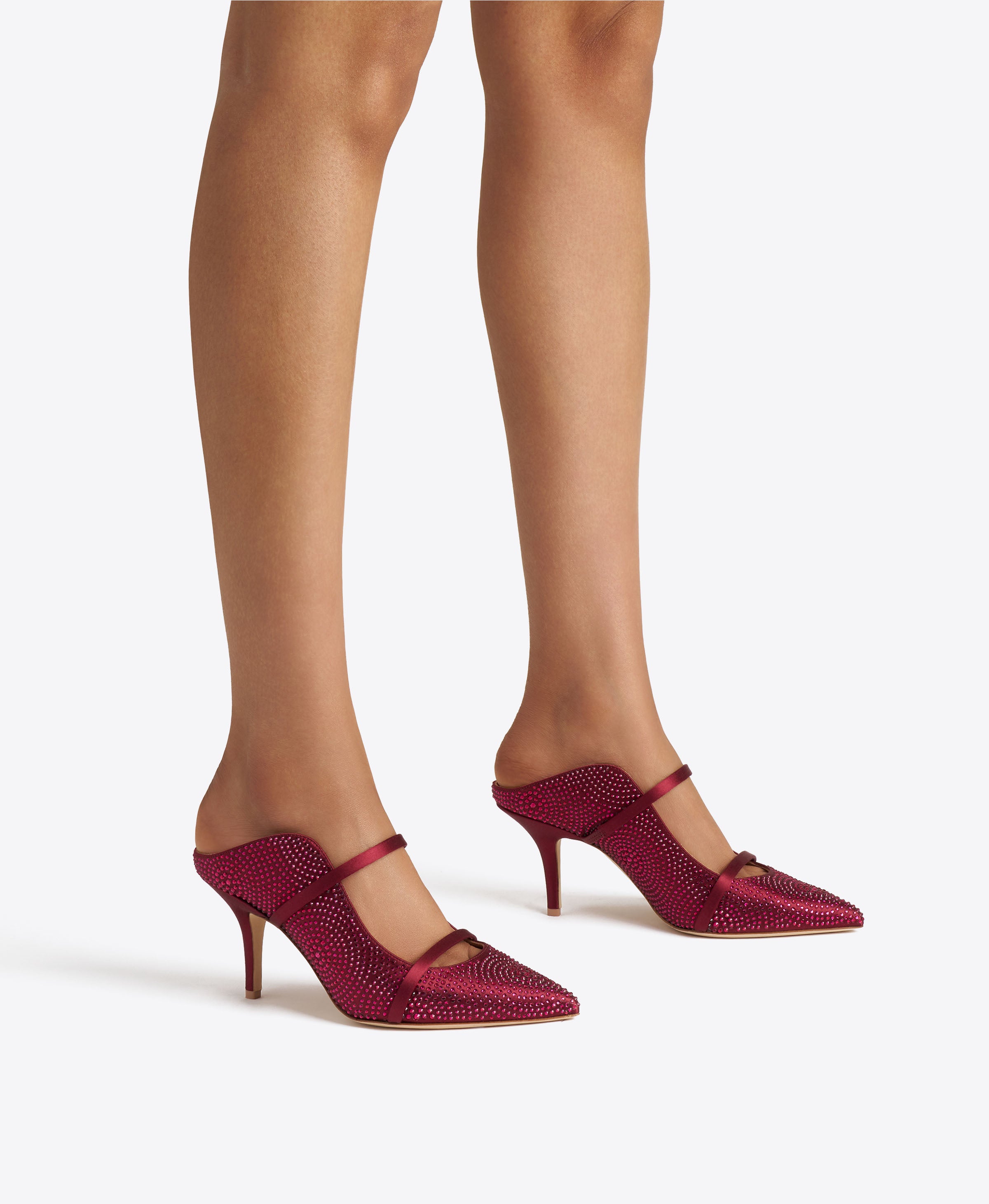 GRACE CONTINENTAL レッドポンポンミュール Maureen 70 Burgundy Satin Mules|Malone Souliers