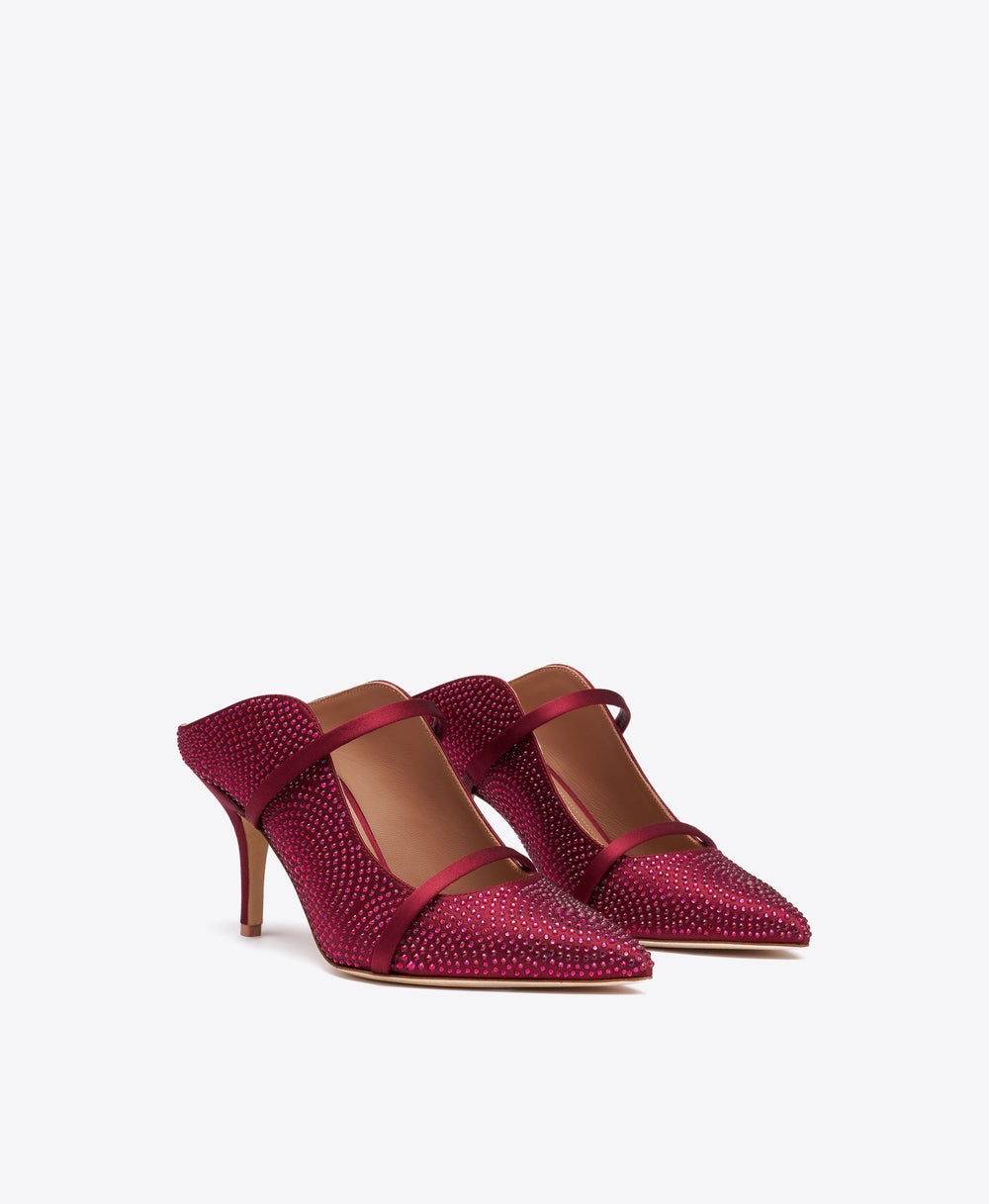 Maureen 70 Burgundy Satin Mules with crystal embellishments Malone Souliers