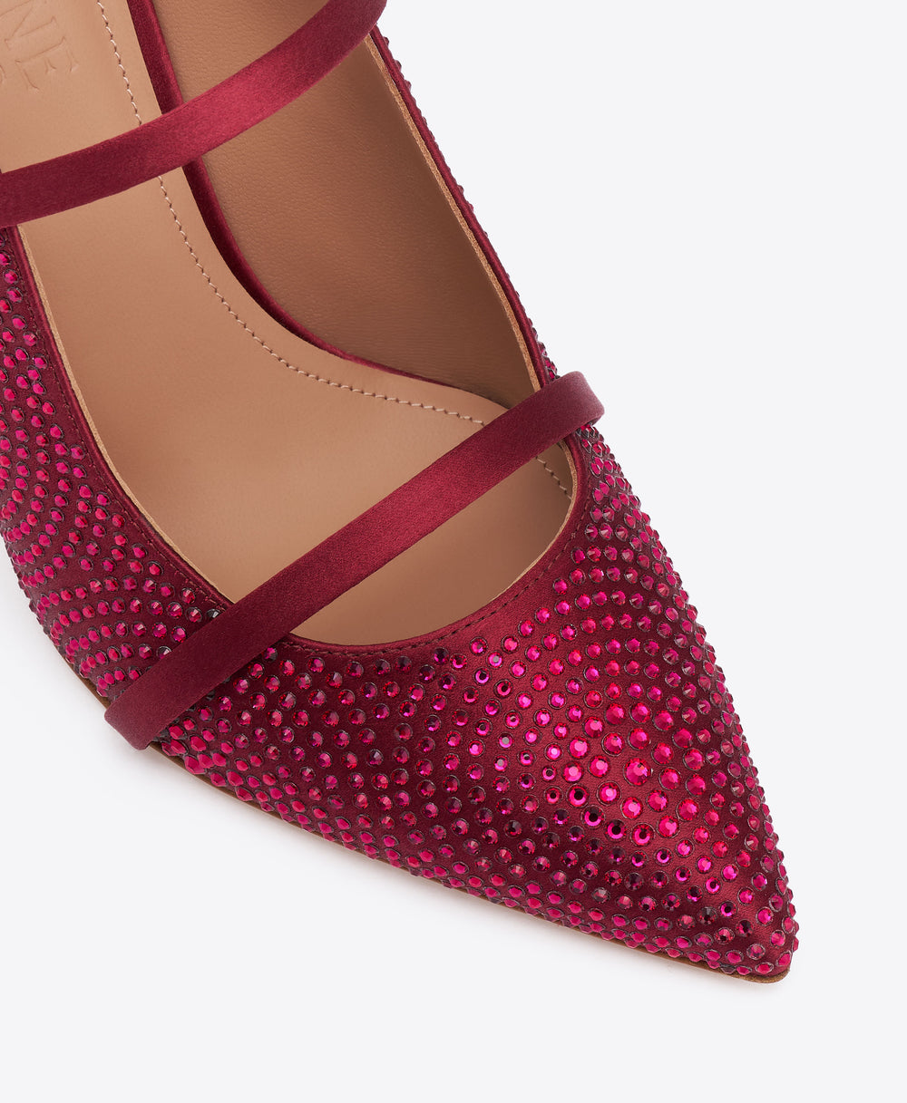 Maureen 70 Burgundy Satin Mules with crystal embellishments Malone Souliers
