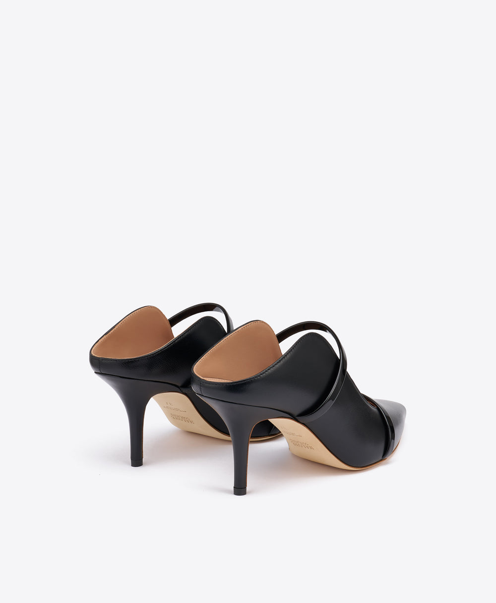 Maureen 70 Black Leather Heeled Mules with Patent Leather Straps Malone Souliers