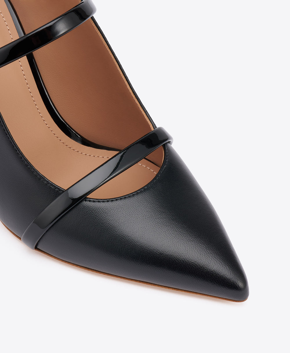 Maureen 70 Black Leather Heeled Mules with Patent Leather Straps Malone Souliers