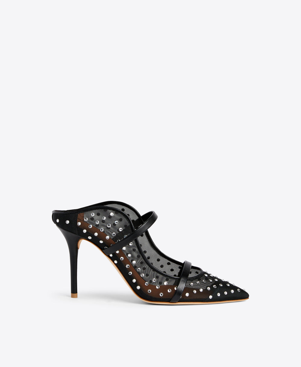 Malone Souliers Maureen 85 Black Embellished Mesh Stiletto Mules