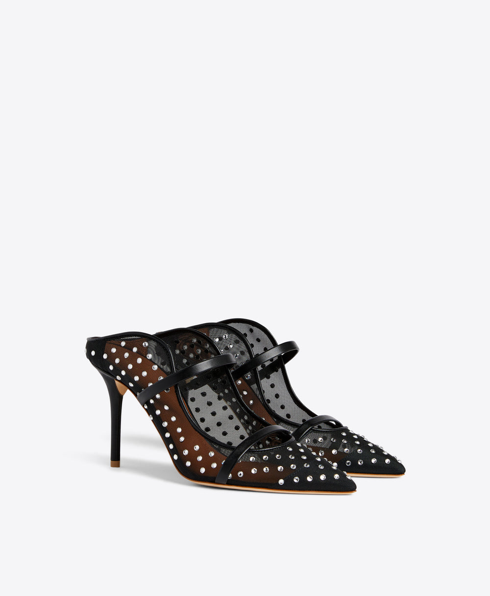 Malone Souliers Maureen 85 Black Embellished Mesh Stiletto Mules