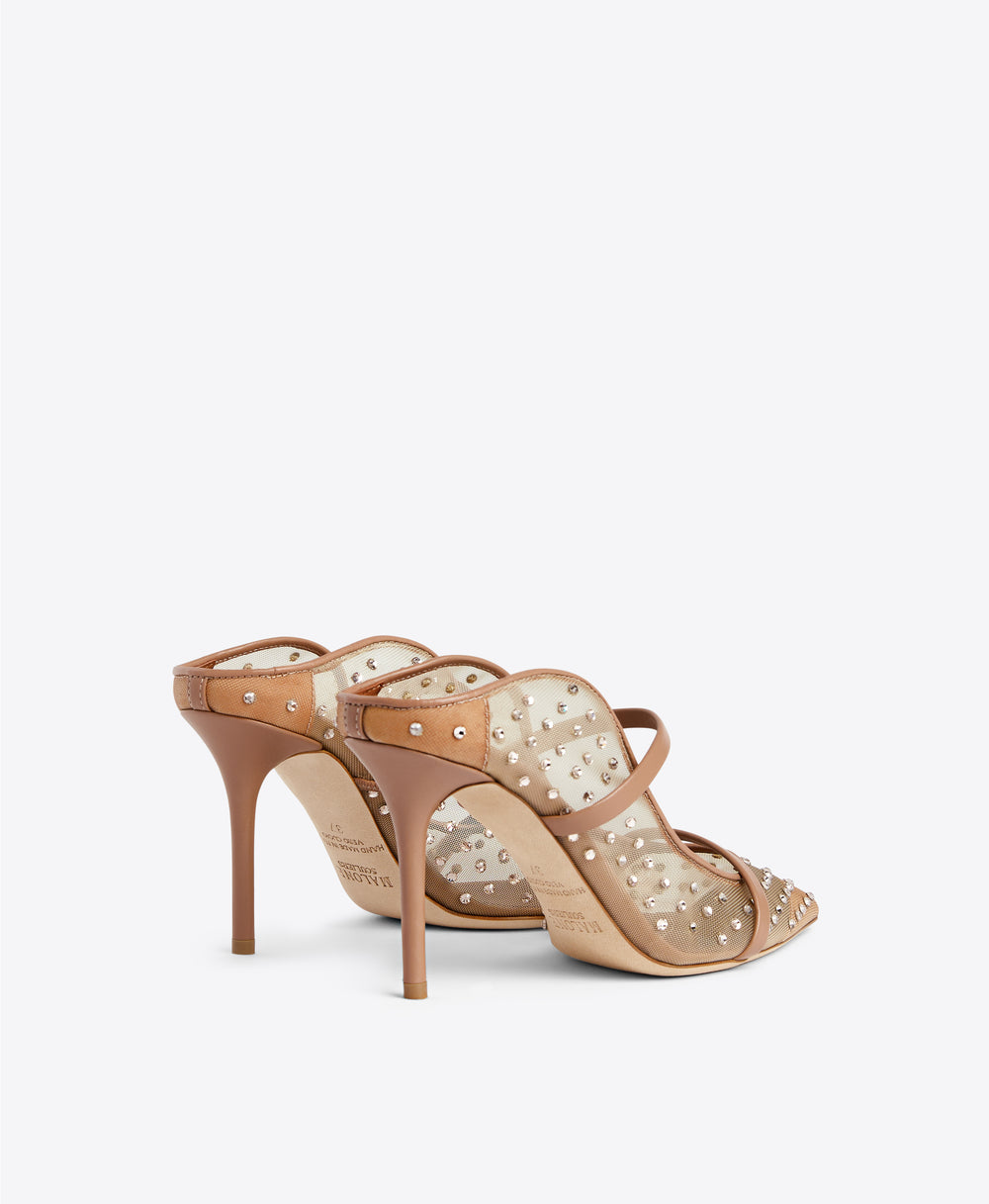 Malone Souliers Maureen 85 Beige Embellished Mesh Stiletto Mules