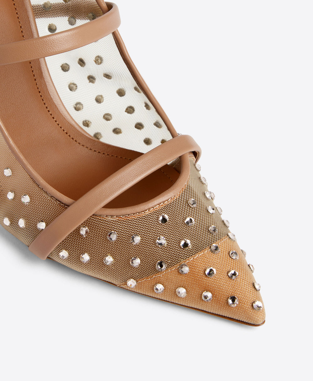 Malone Souliers Maureen 85 Beige Embellished Mesh Stiletto Mules