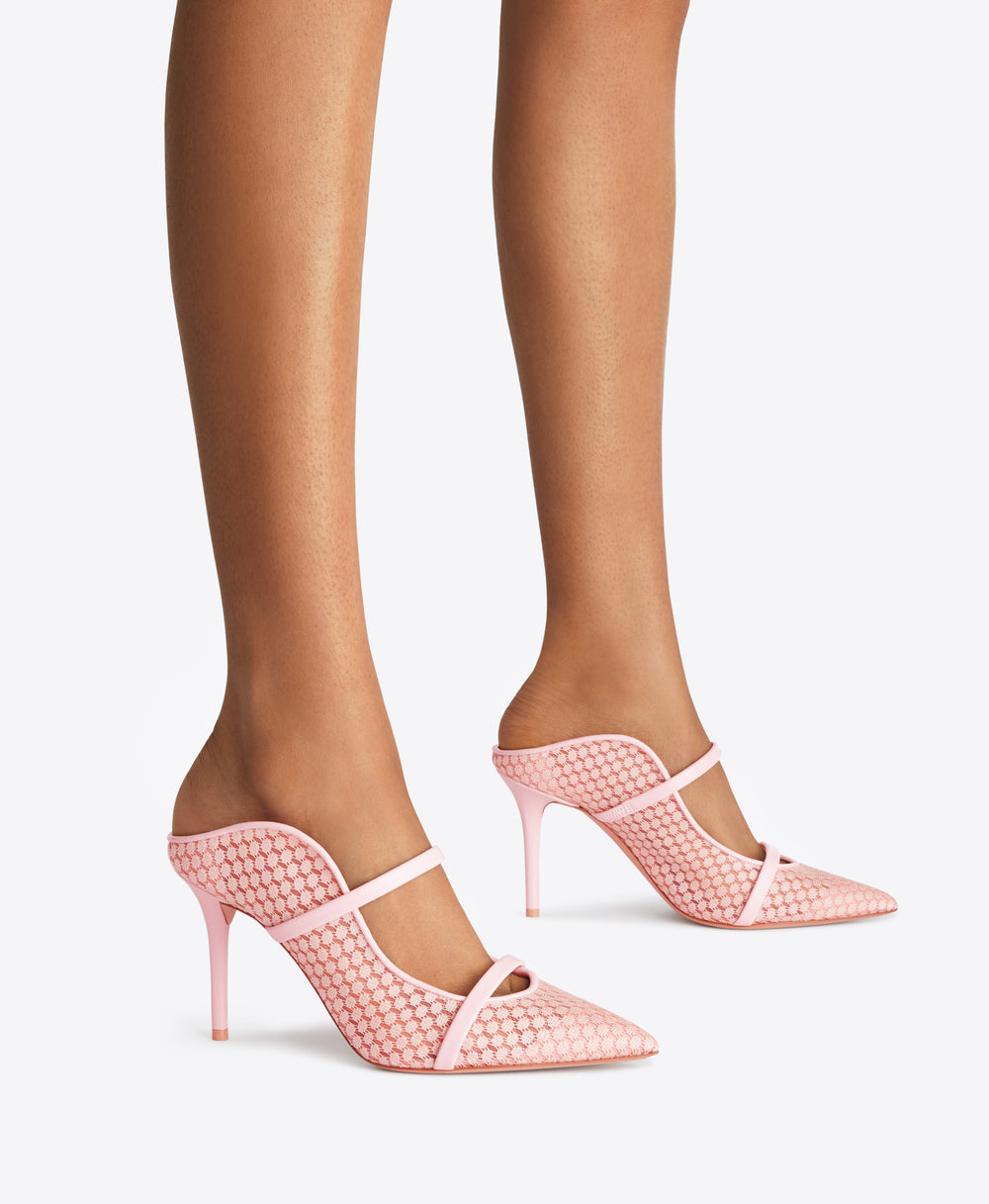 Malone Souliers Maureen 85mm Light Pink Lace Mesh Heeled Mules