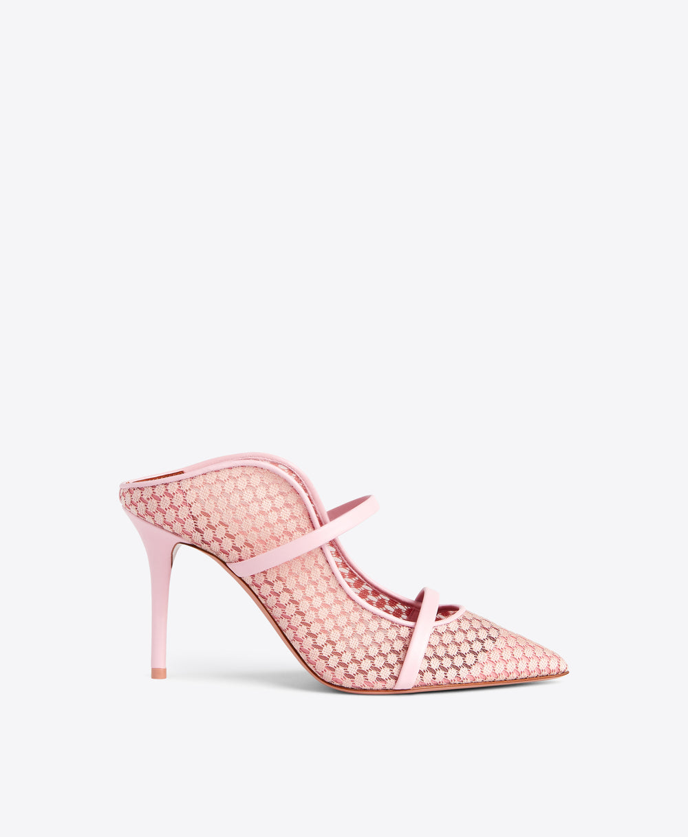 Malone Souliers Maureen 85mm Light Pink Lace Mesh Heeled Mules