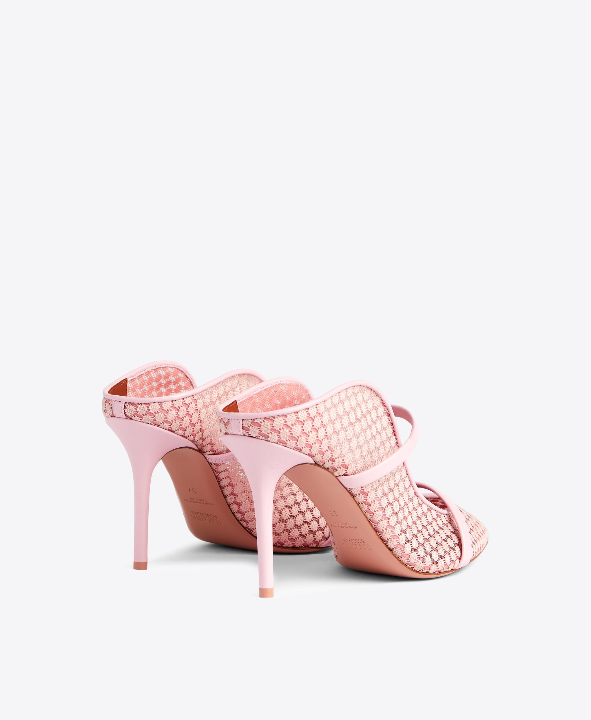 Malone Souliers Maureen 85mm Light Pink Lace Mesh Heeled Mules