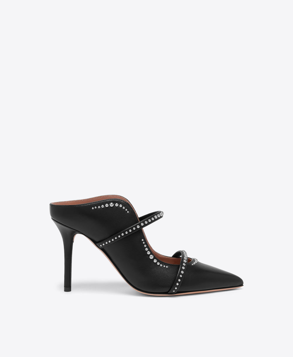 Maureen 85 Black Studded Leather Heeled Mules Malone Souliers