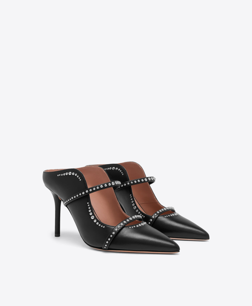 Maureen 85 Black Studded Leather Heeled Mules Malone Souliers