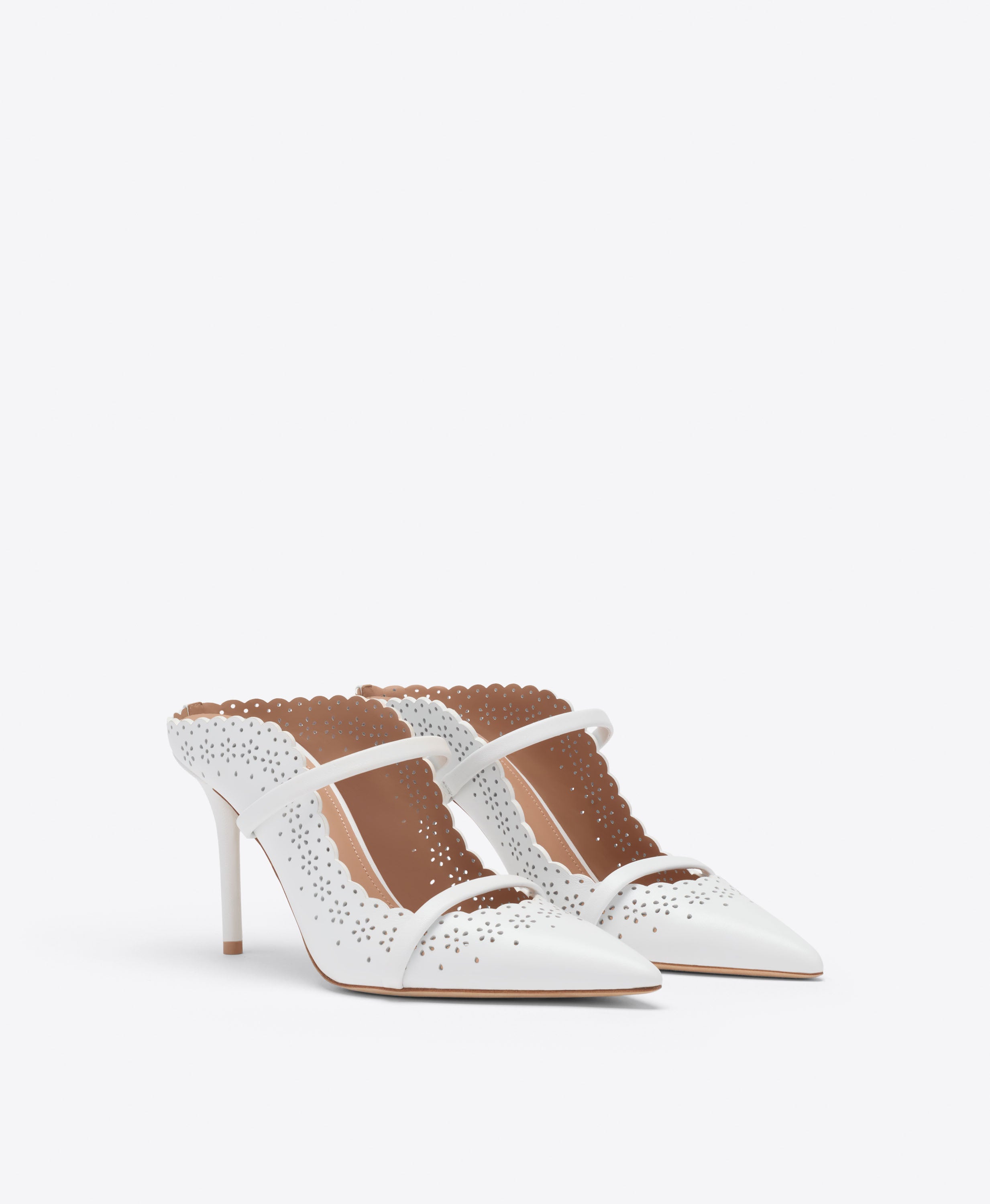 Malone Souliers | Maureen 85 White Broderie Leather Heeled Mules