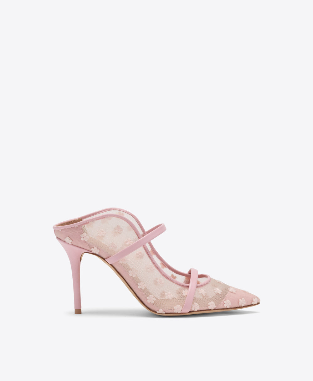 Maureen 85 Pink Floral Mesh Heeled Mules Malone Souliers