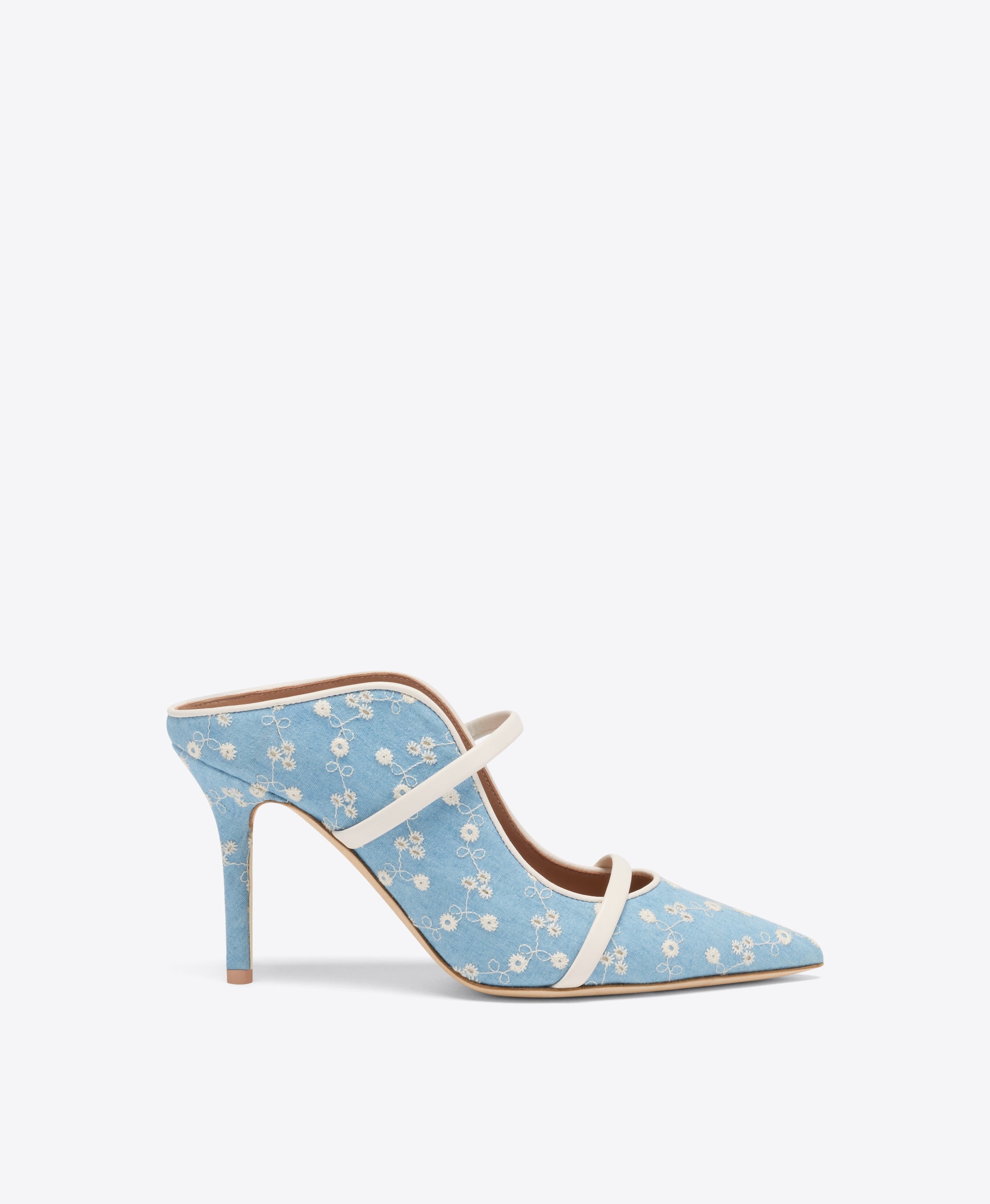 Maureen 85 Blue Floral Denim Heeled Mules Malone Souliers