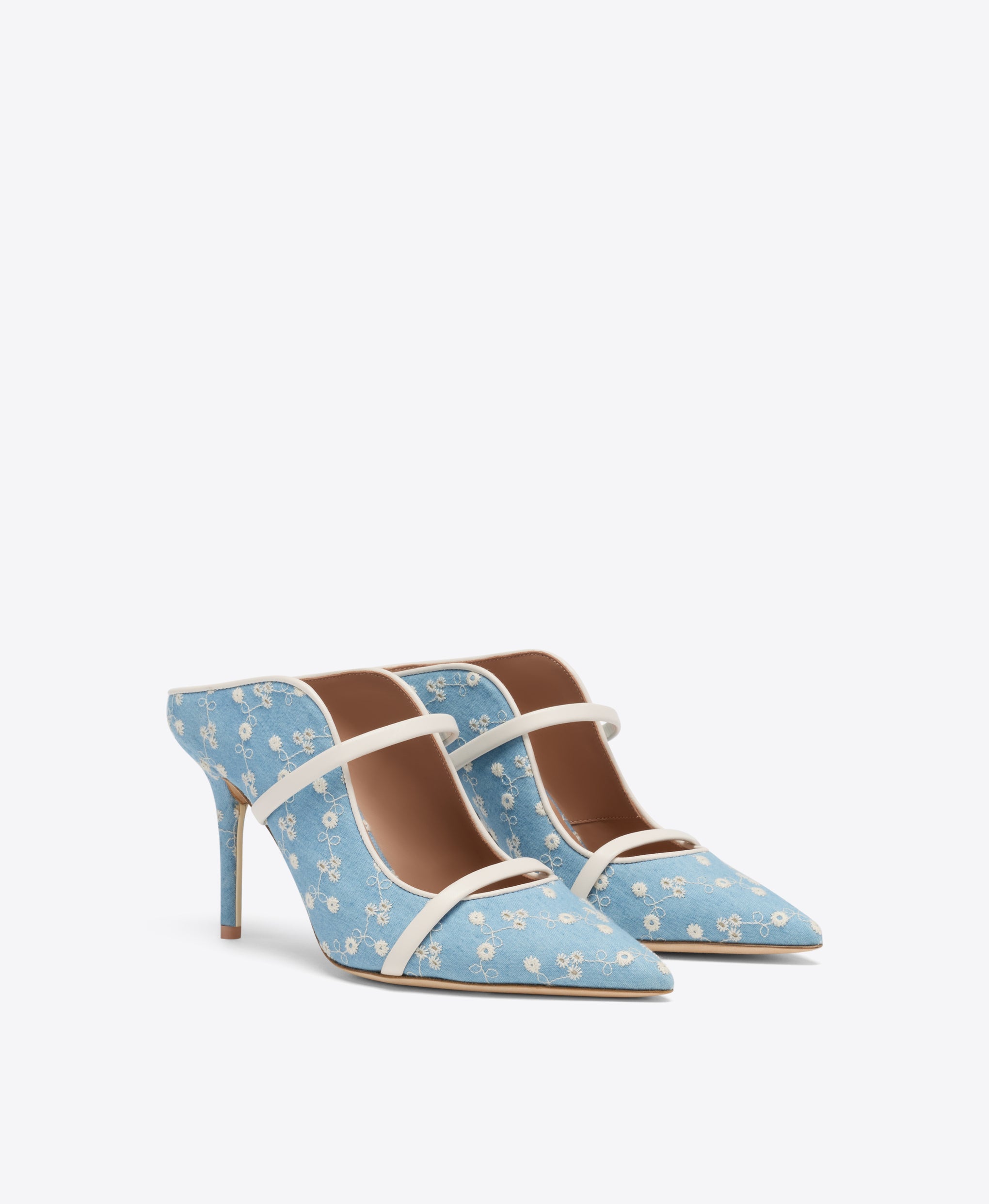 Maureen 85 Blue Floral Denim Heeled Mules Malone Souliers