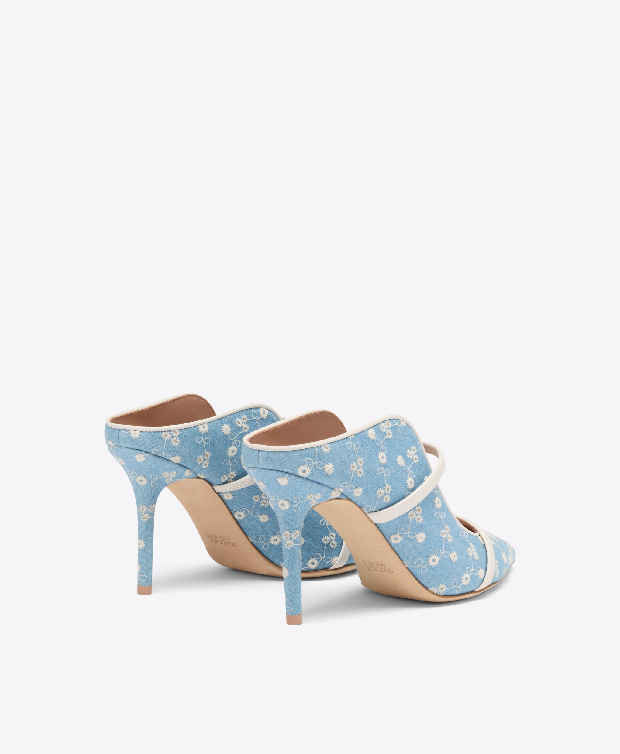 Maureen 85 Blue Floral Denim Heeled Mules Malone Souliers