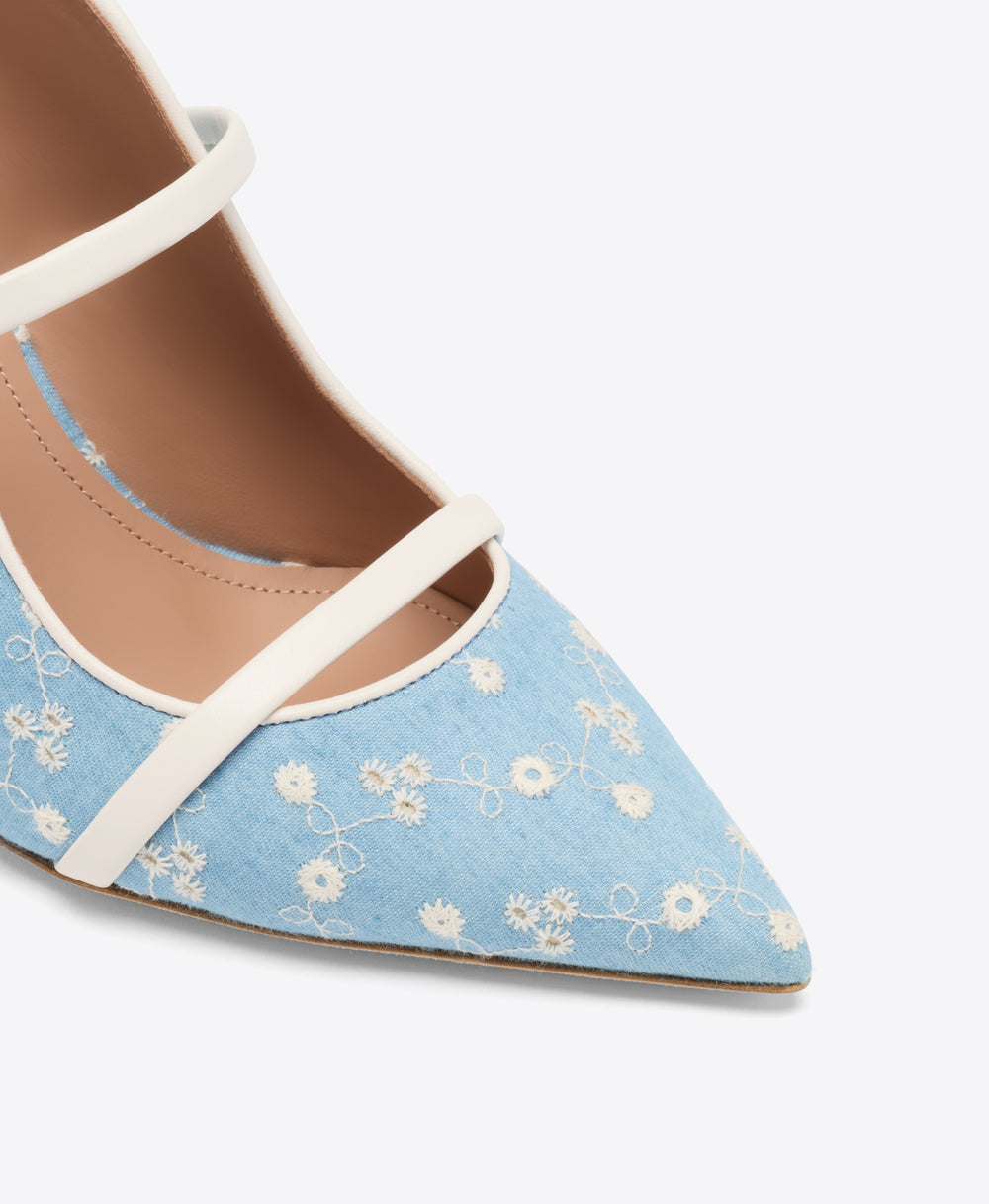 Maureen 85 Blue Floral Denim Heeled Mules Malone Souliers