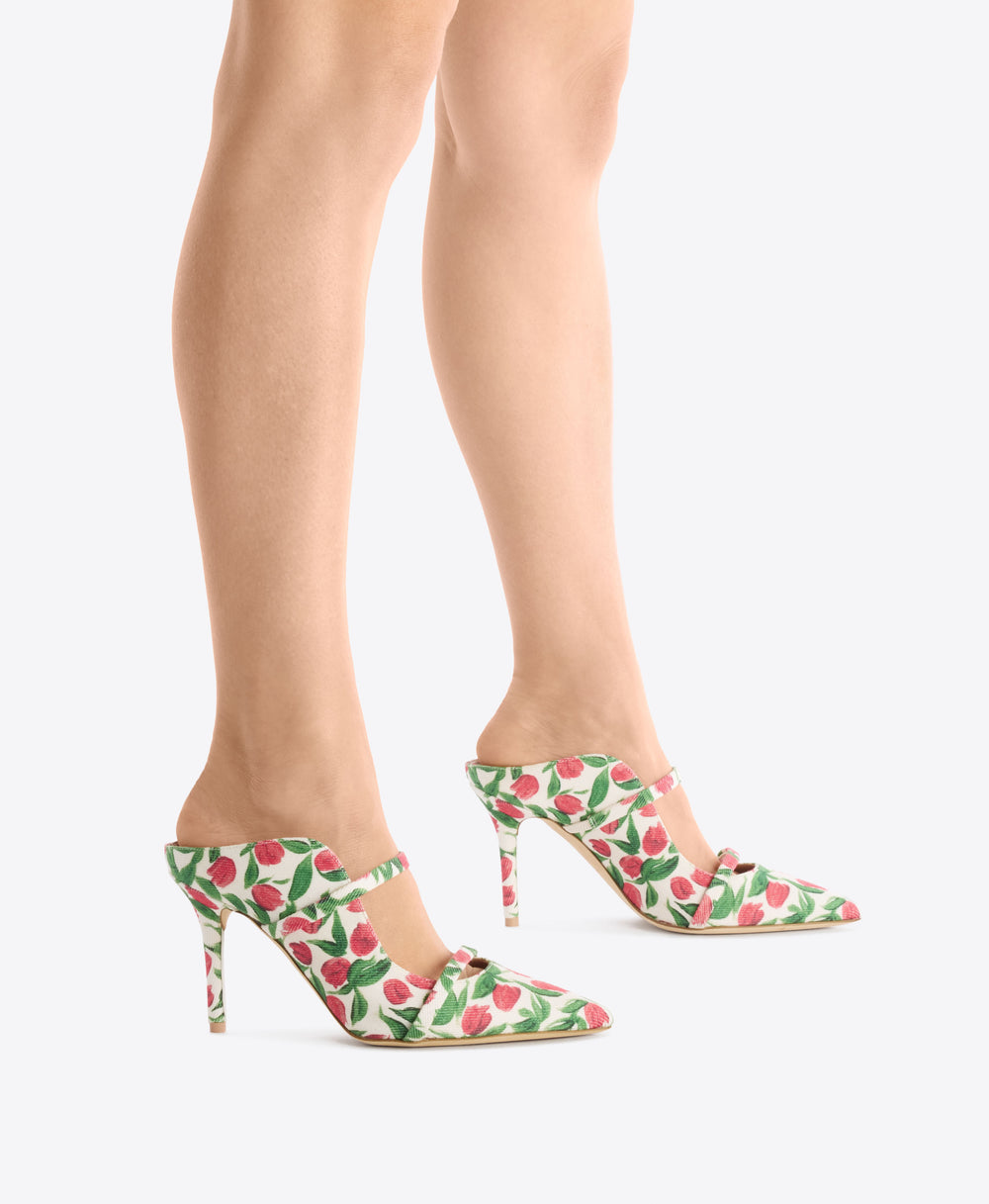Maureen 85 Red Tulip Print Canvas Heeled Mules Malone Souliers