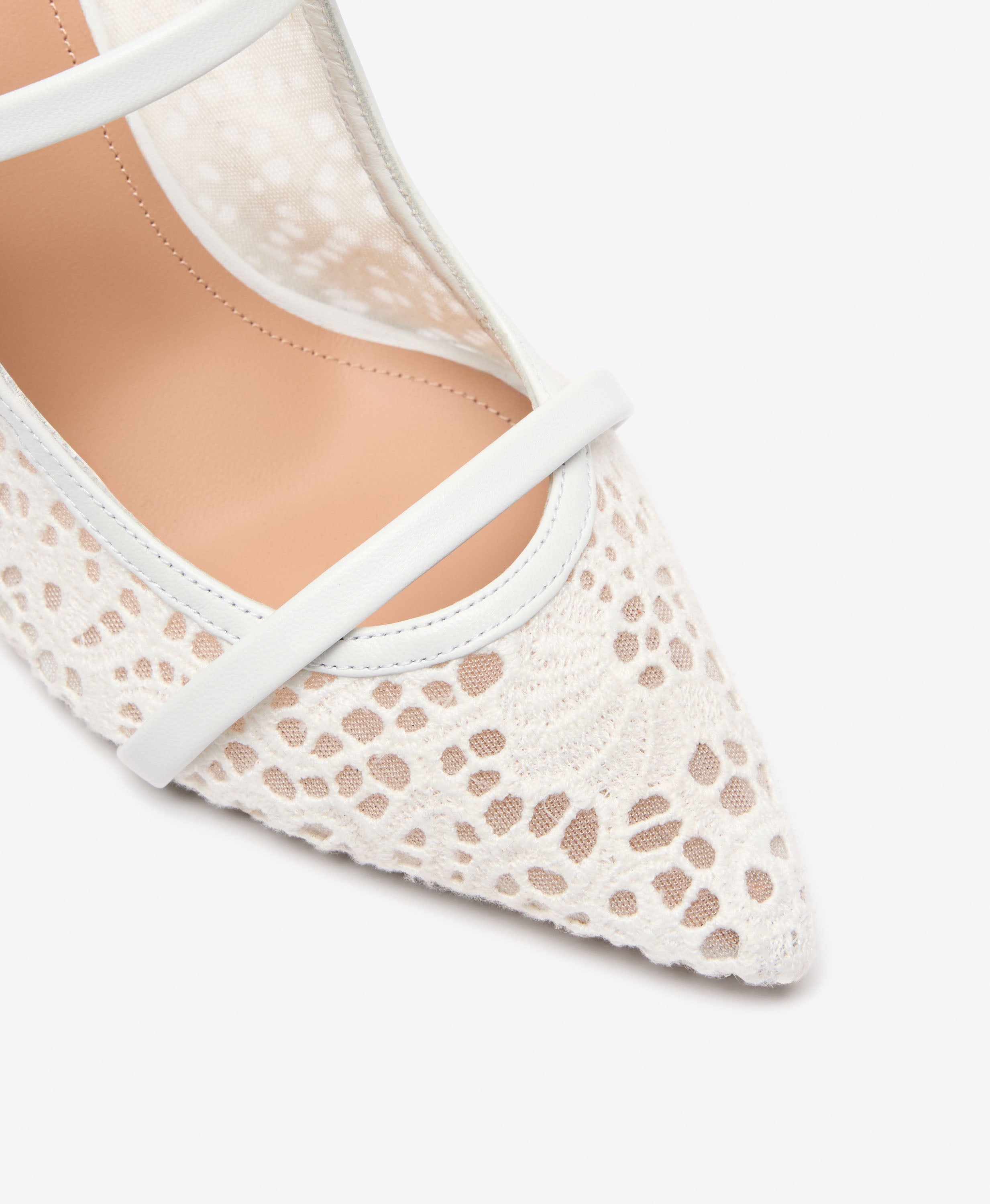 Maureen 85 White Broderie Mesh Heeled Mules | Malone Souliers