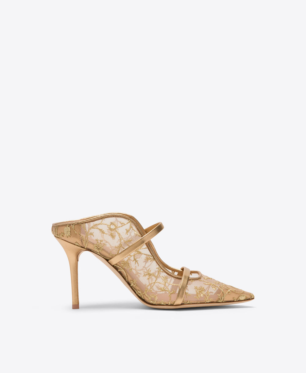 Malone Souliers Maureen 85 Gold Embroidered Mesh Heeled Mules Ramadan Exclusive