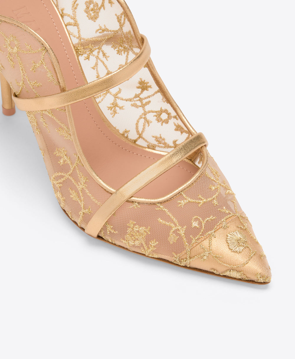 Malone Souliers Maureen 85 Gold Embroidered Mesh Heeled Mules Ramadan Exclusive