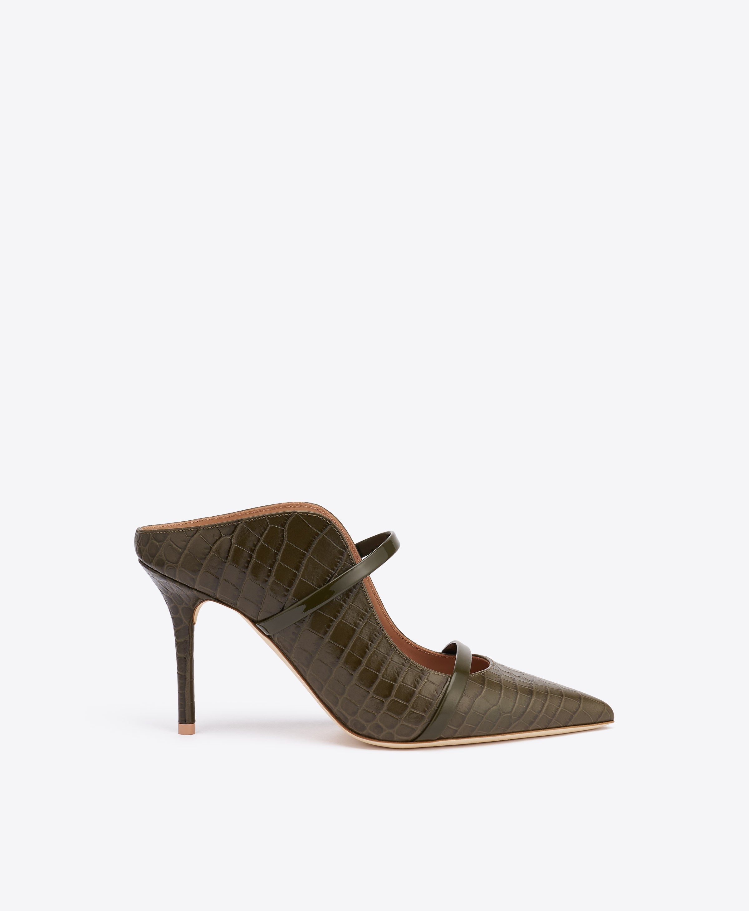 Maureen 85 Dark Green Croc Embossed Leather Mules
