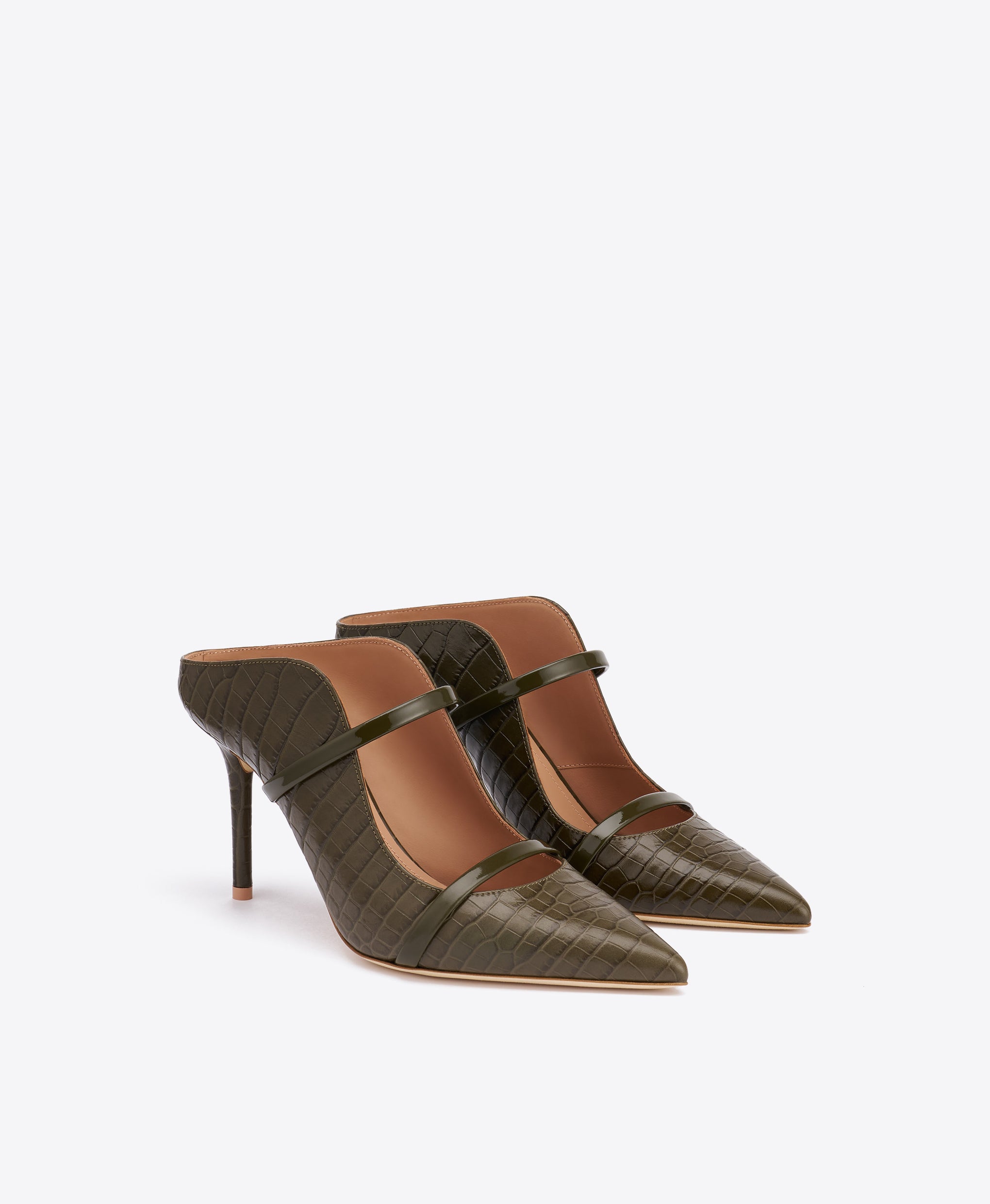 Maureen 85 Dark Green Croc-Embossed Leather Mules Malone Souliers