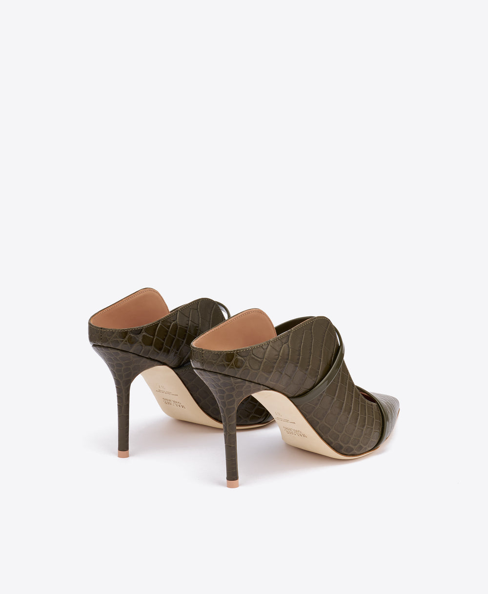 Maureen 85 Dark Green Croc-Embossed Leather Mules Malone Souliers