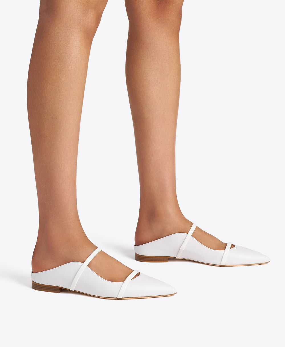 Maureen White Leather Flat Mules with Patent Leather Straps Malone Souliers